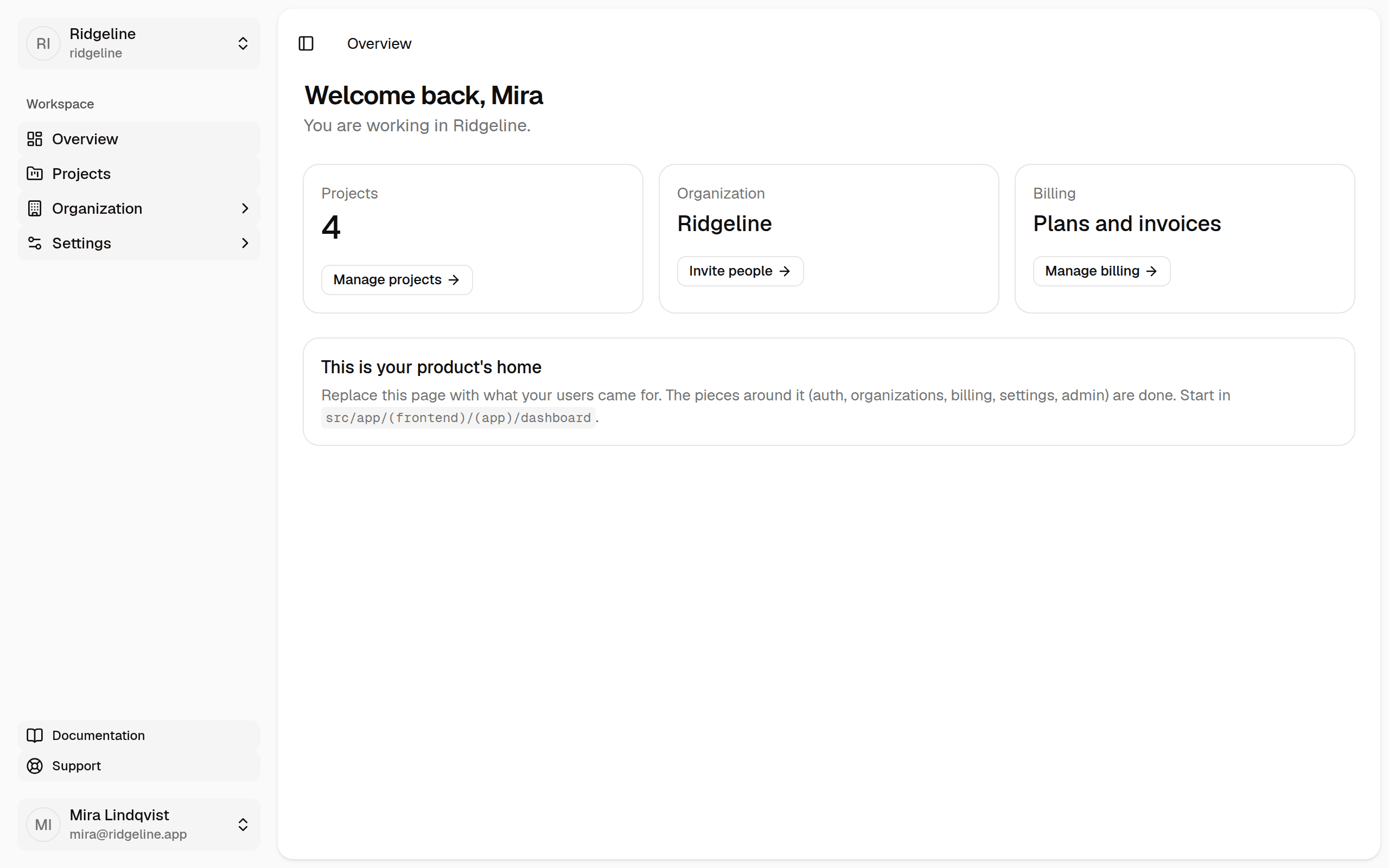 Payload Stack dashboard overview for the Ridgeline organization