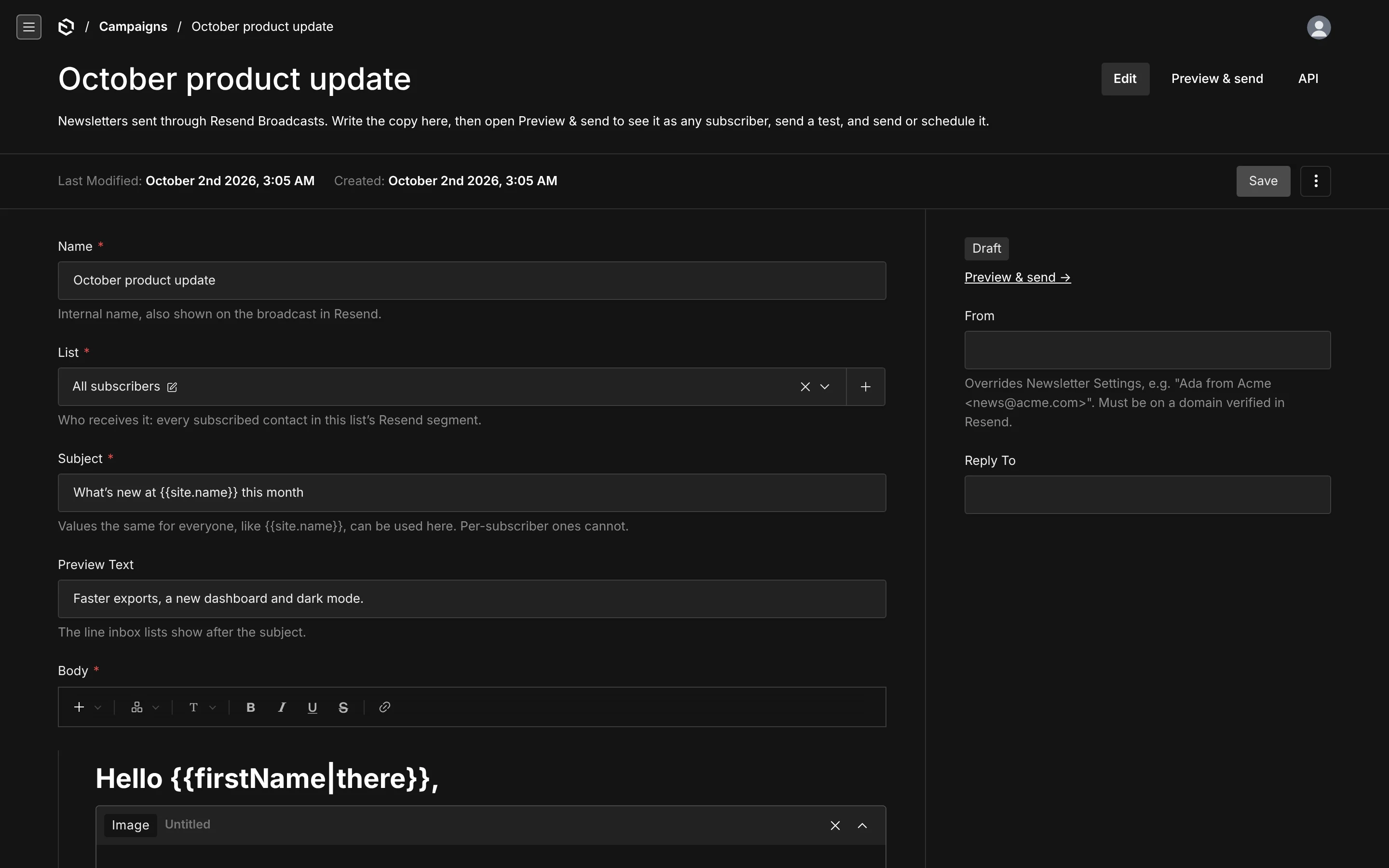 Editing a campaign: name, list, subject, preview text and a body with an Image block