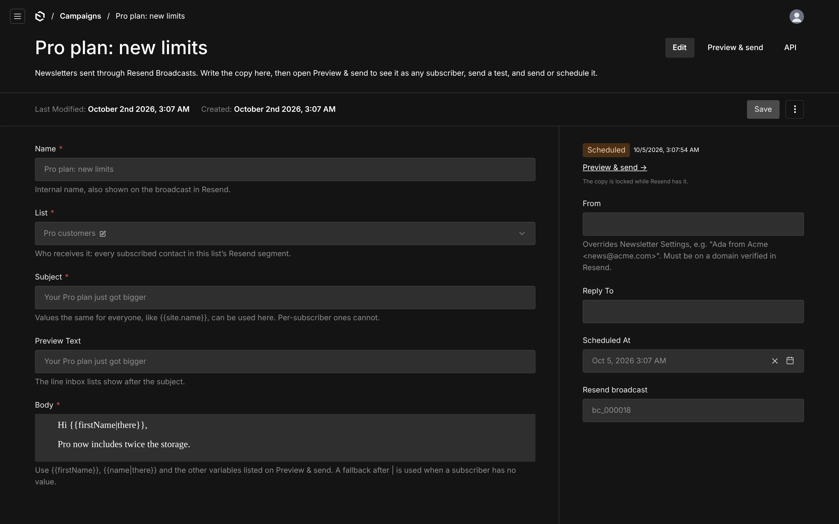 A scheduled campaign: its fields are locked and the sidebar shows the schedule and the Resend broadcast id
