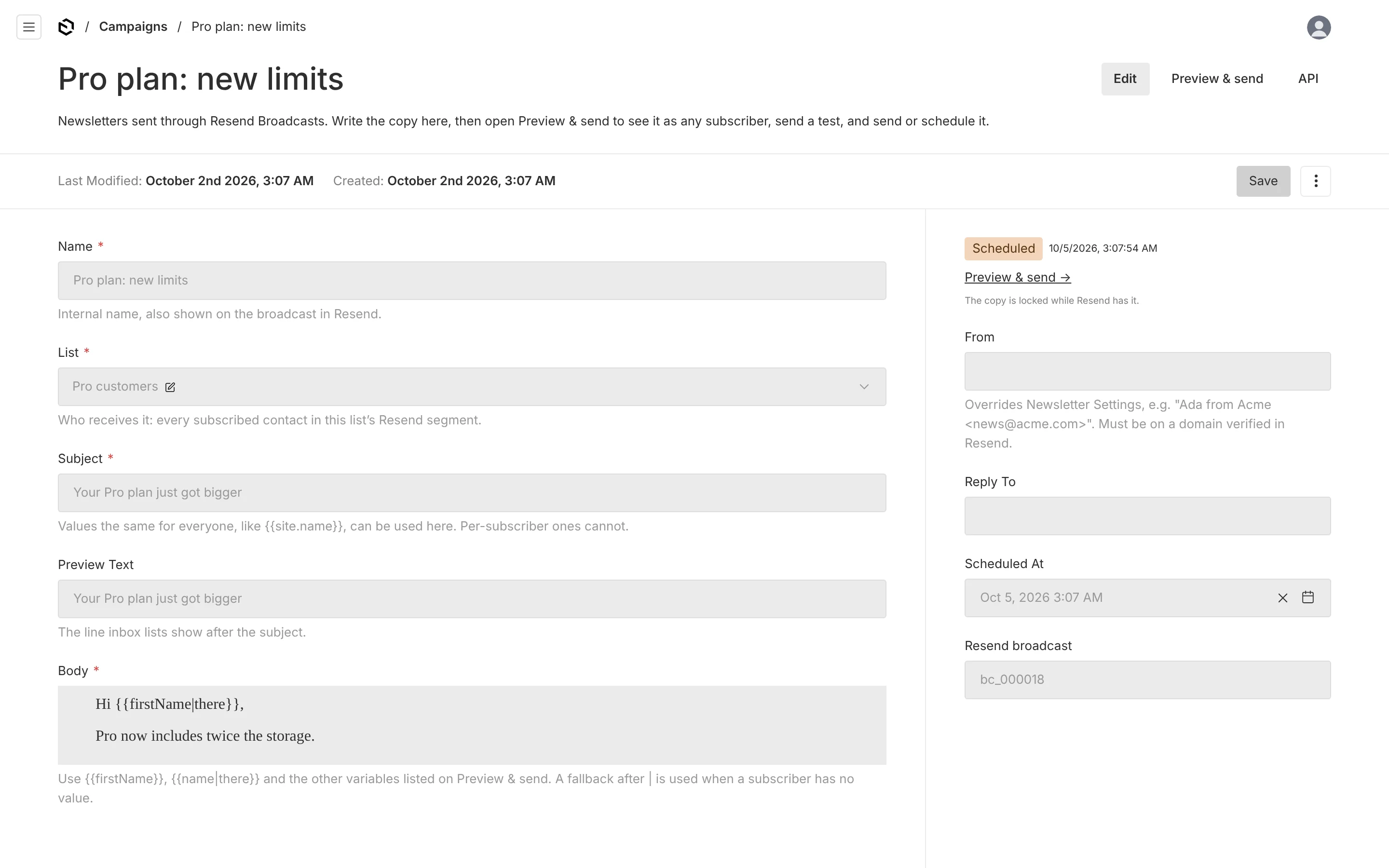 A scheduled campaign: its fields are locked and the sidebar shows the schedule and the Resend broadcast id