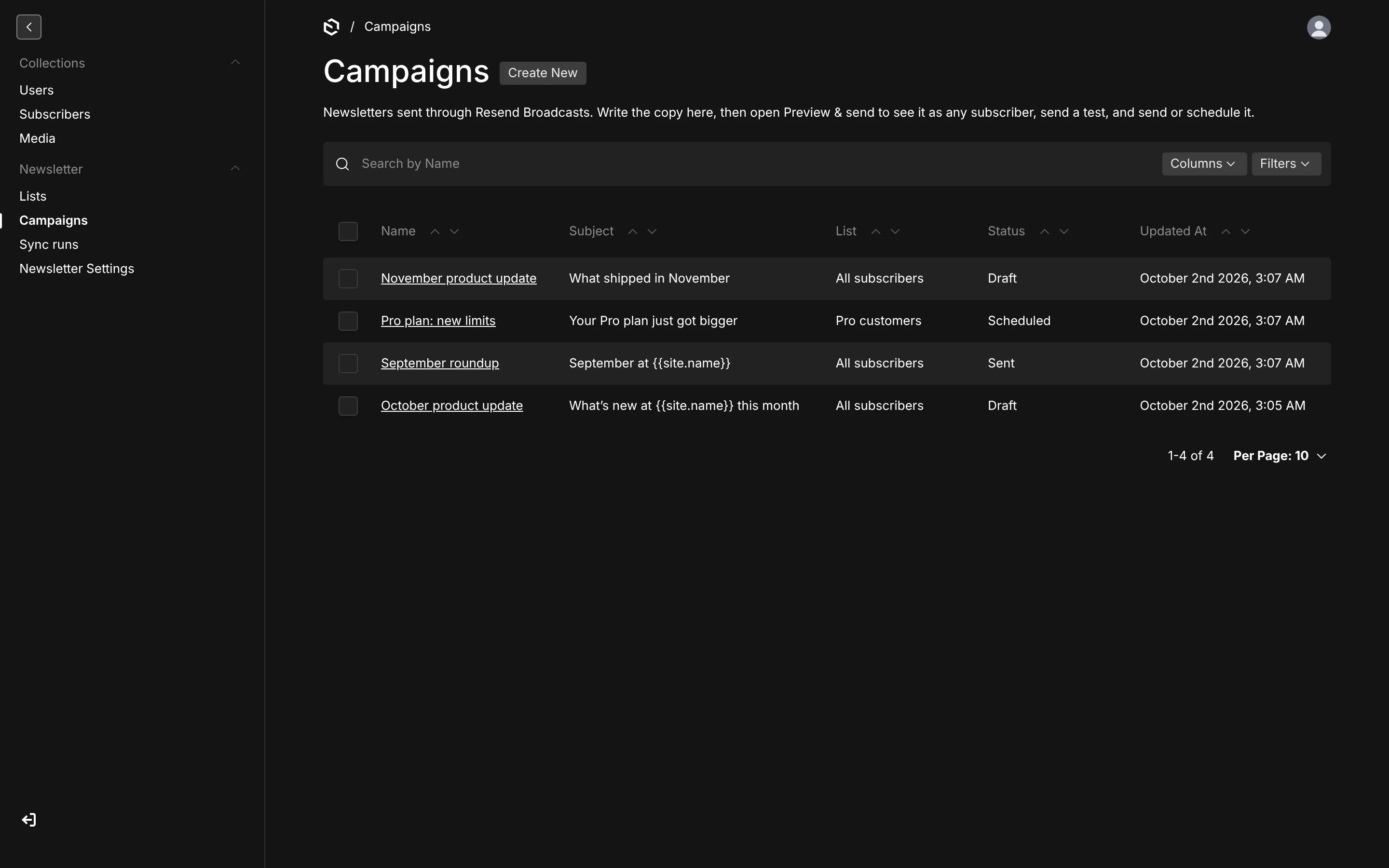 The Campaigns list: drafts, a scheduled campaign and a sent one