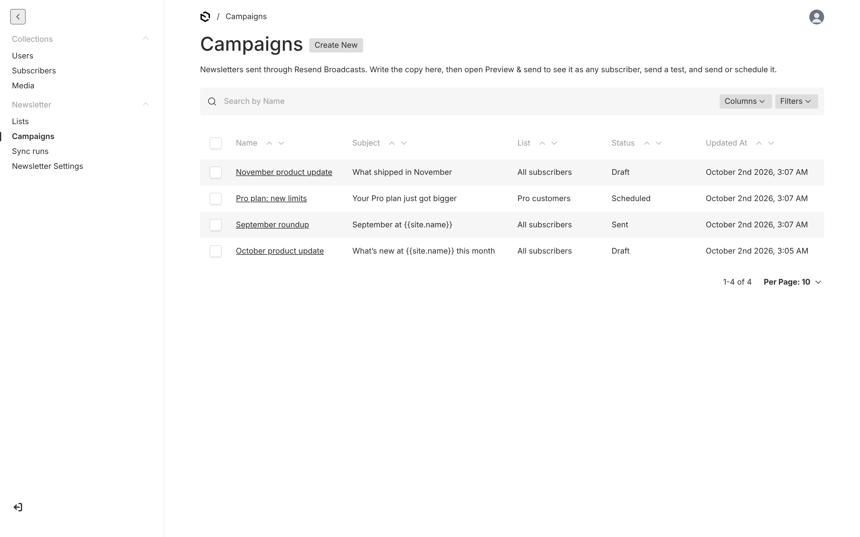 The Campaigns list: drafts, a scheduled campaign and a sent one