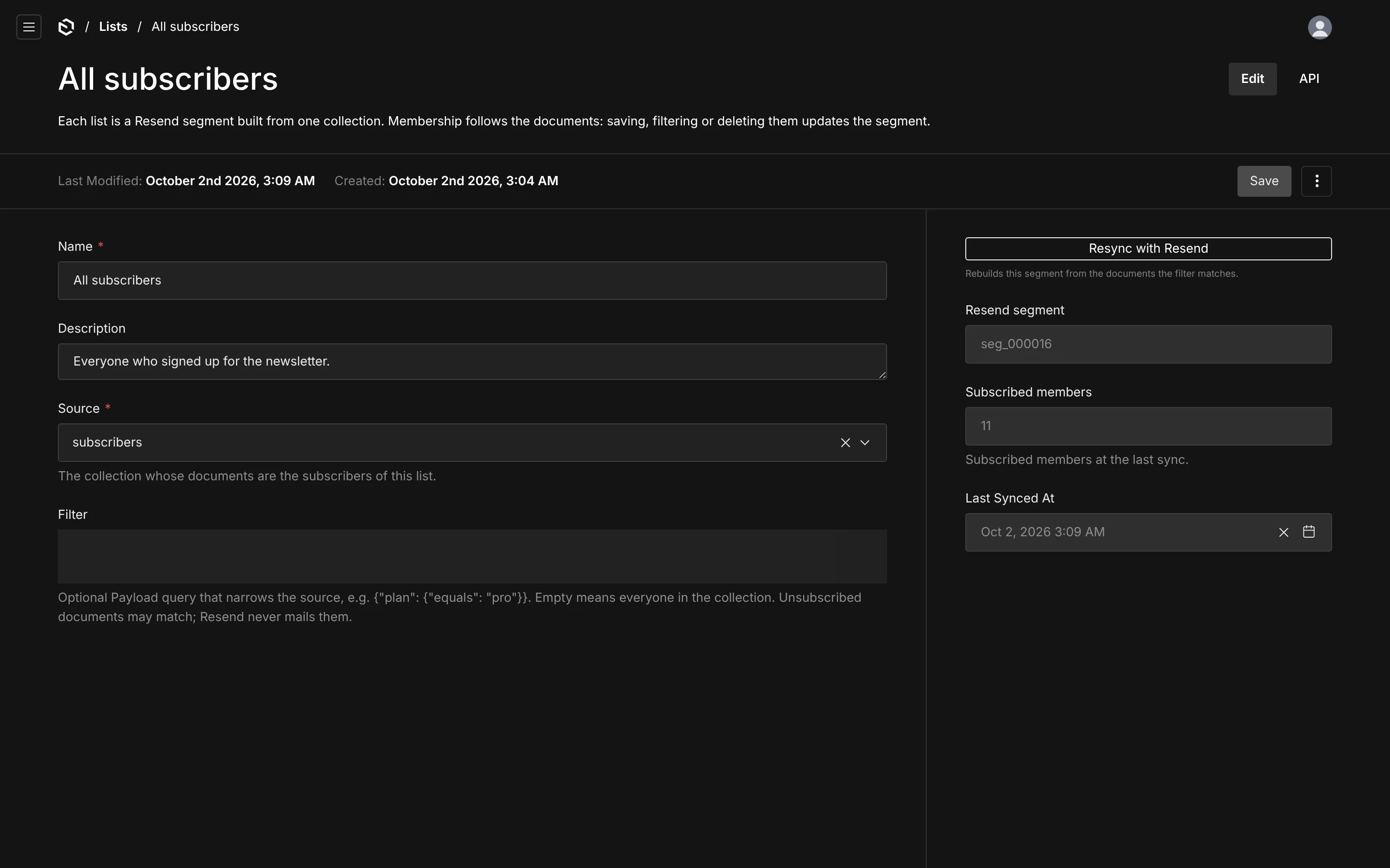 A list in the admin: source and filter, and in the sidebar the Resend segment, member count and Resync button