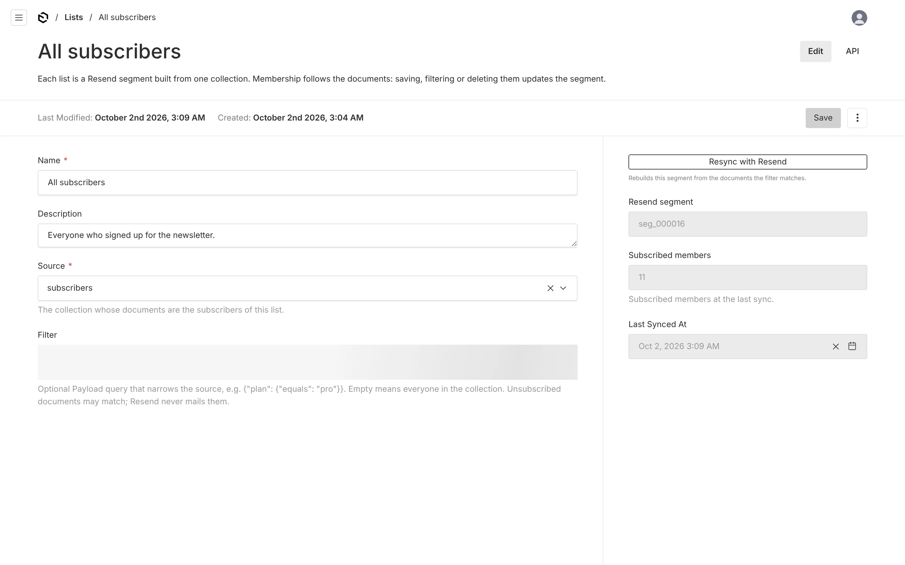 A list in the admin: source and filter, and in the sidebar the Resend segment, member count and Resync button
