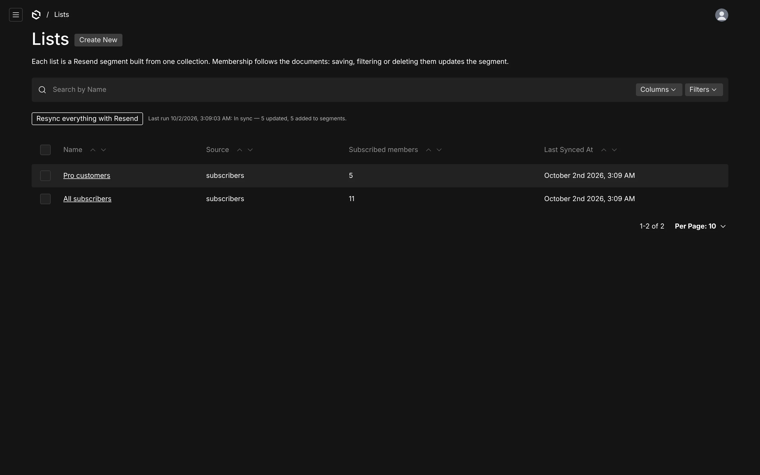 The Lists table with Resync everything with Resend, and each list's subscribed members