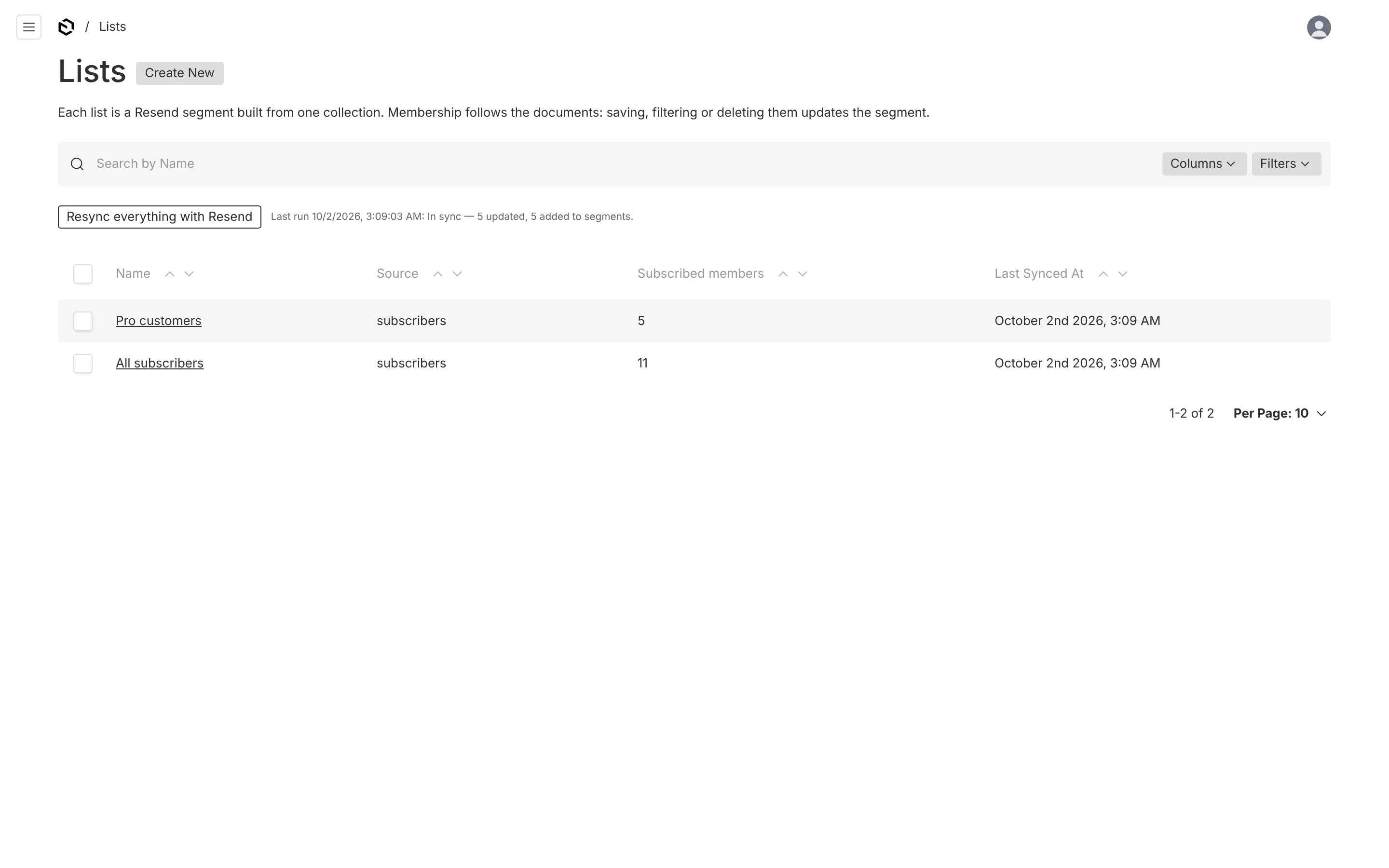 The Lists table with Resync everything with Resend, and each list's subscribed members