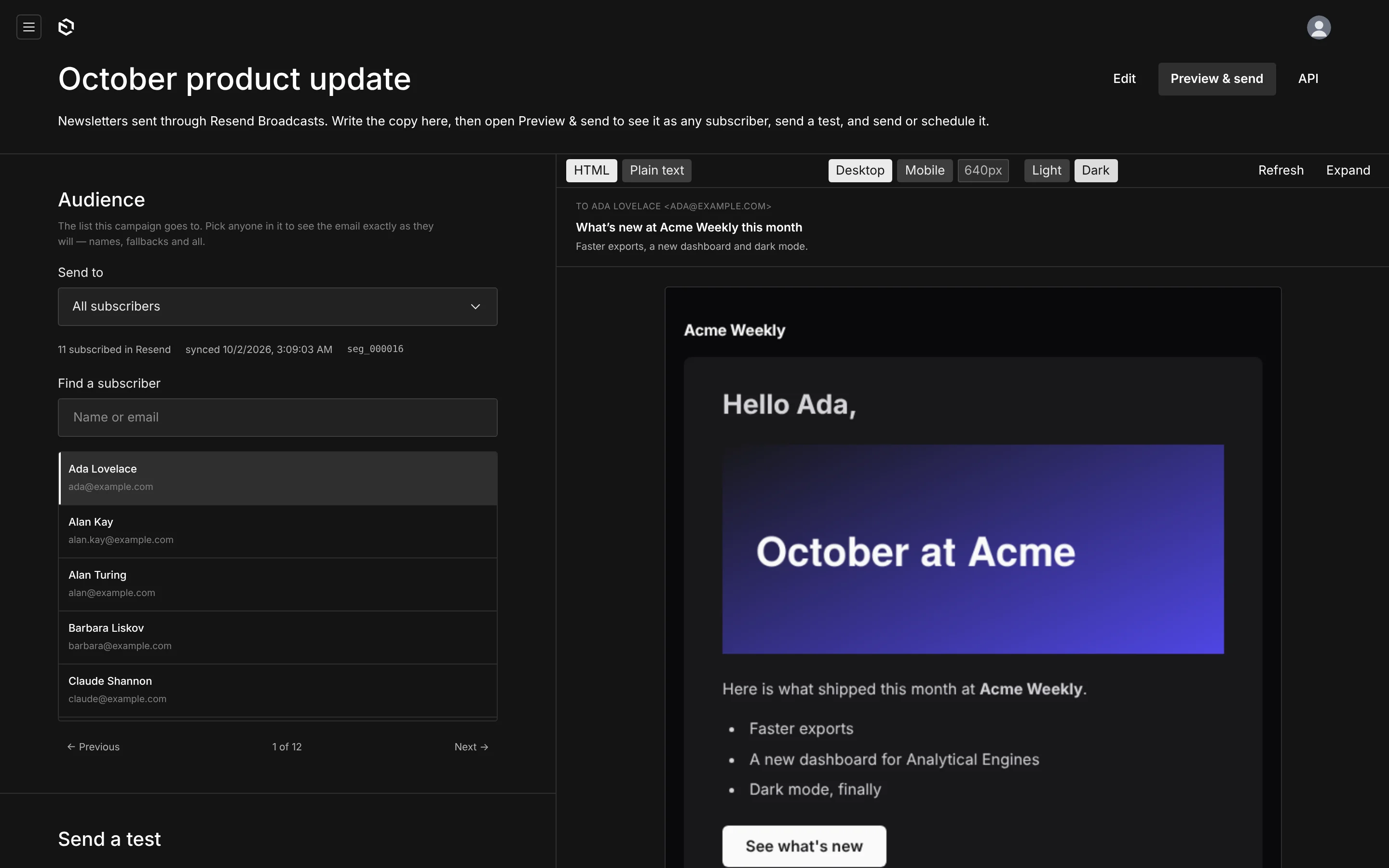 The same campaign with the email's dark-mode branch forced on