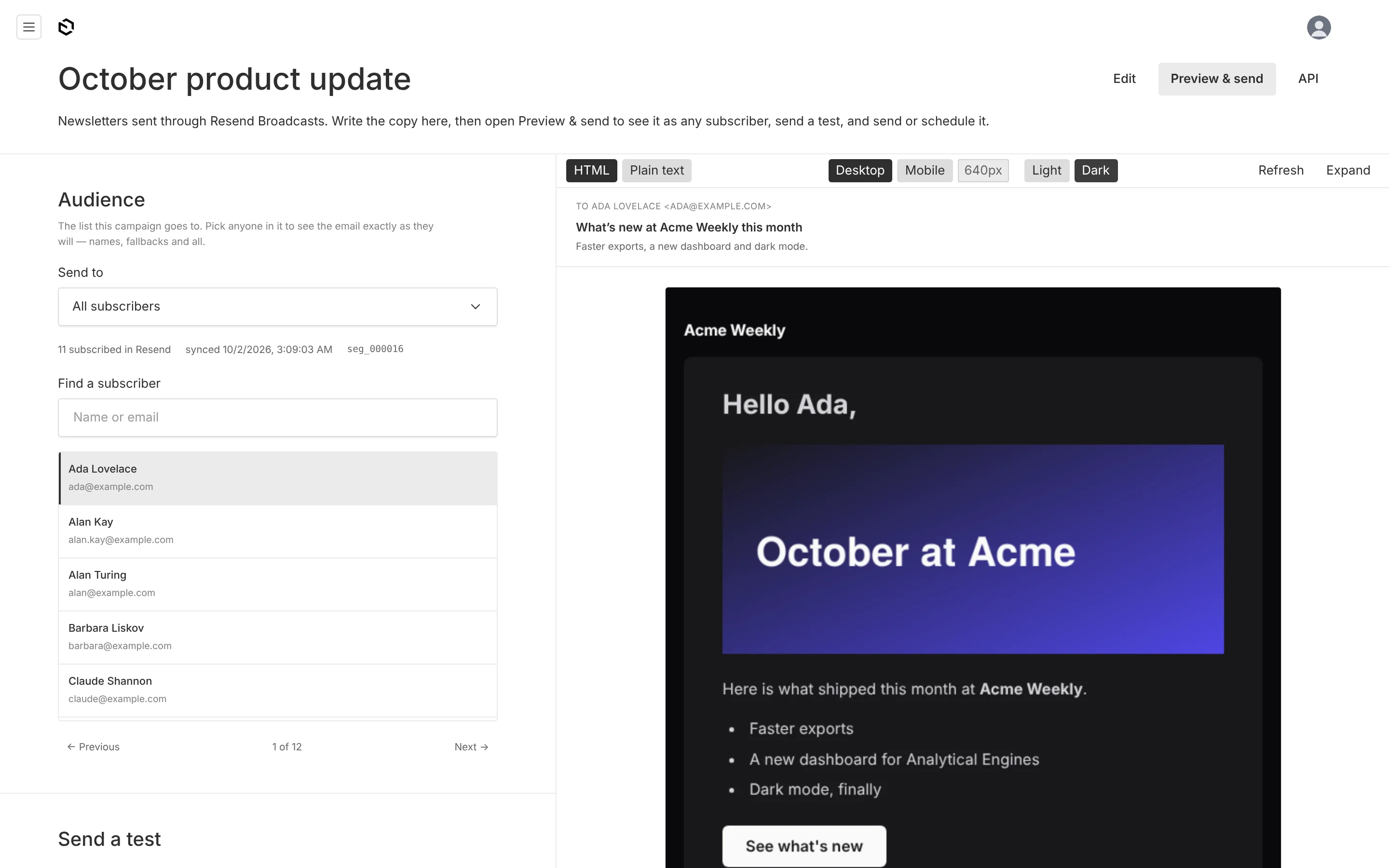 The same campaign with the email's dark-mode branch forced on