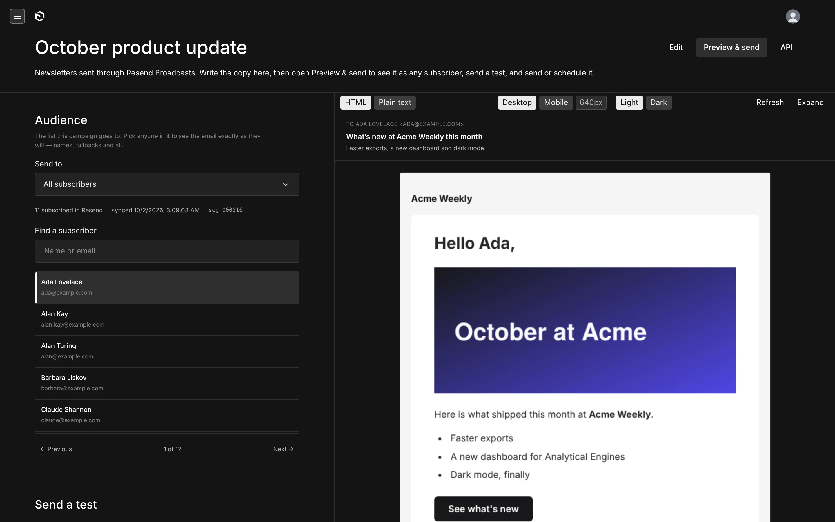 Preview & send: the audience picker and the rendered email
