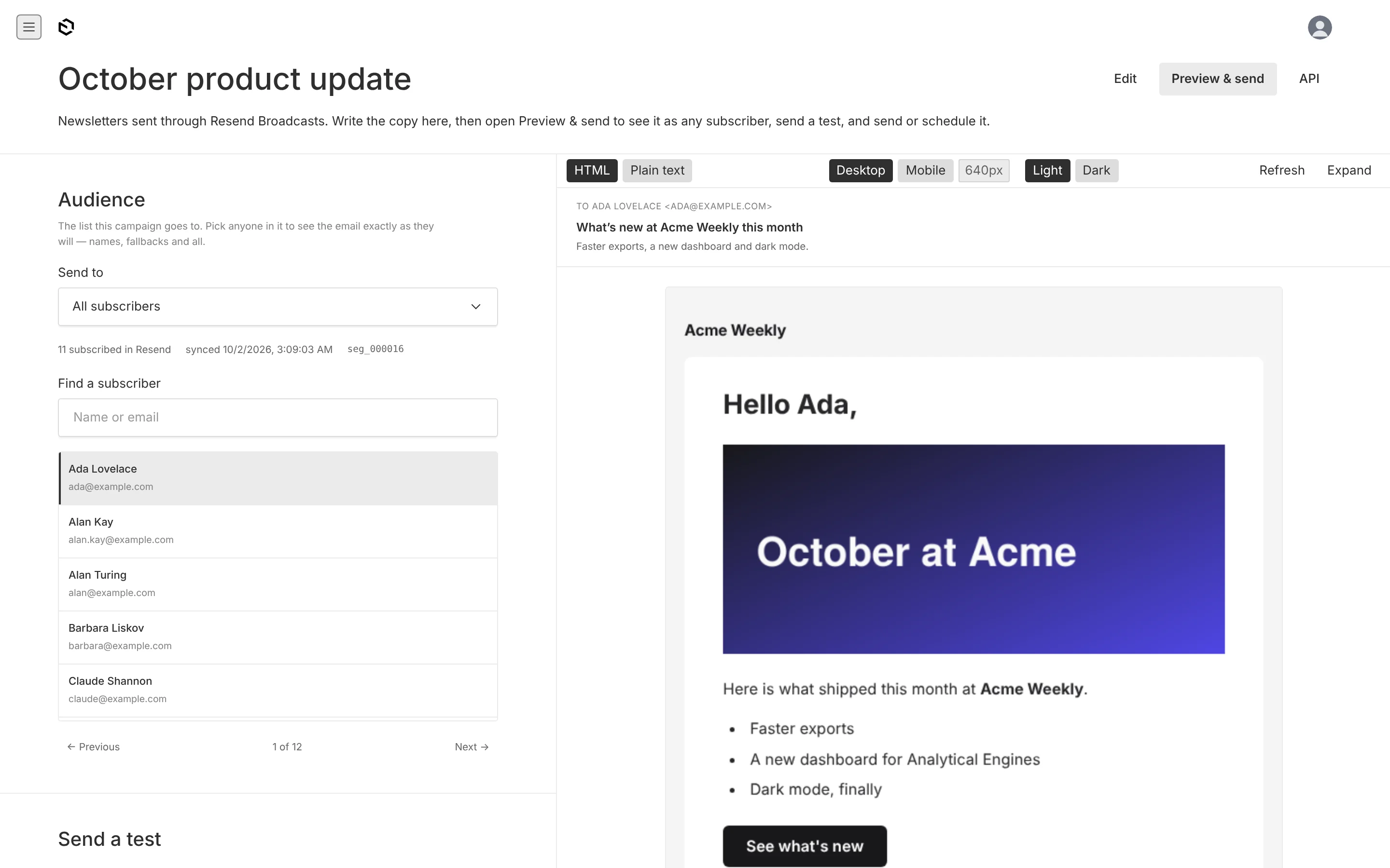 Preview & send of a campaign: pick a list and a subscriber on the left, the email as that subscriber on the right