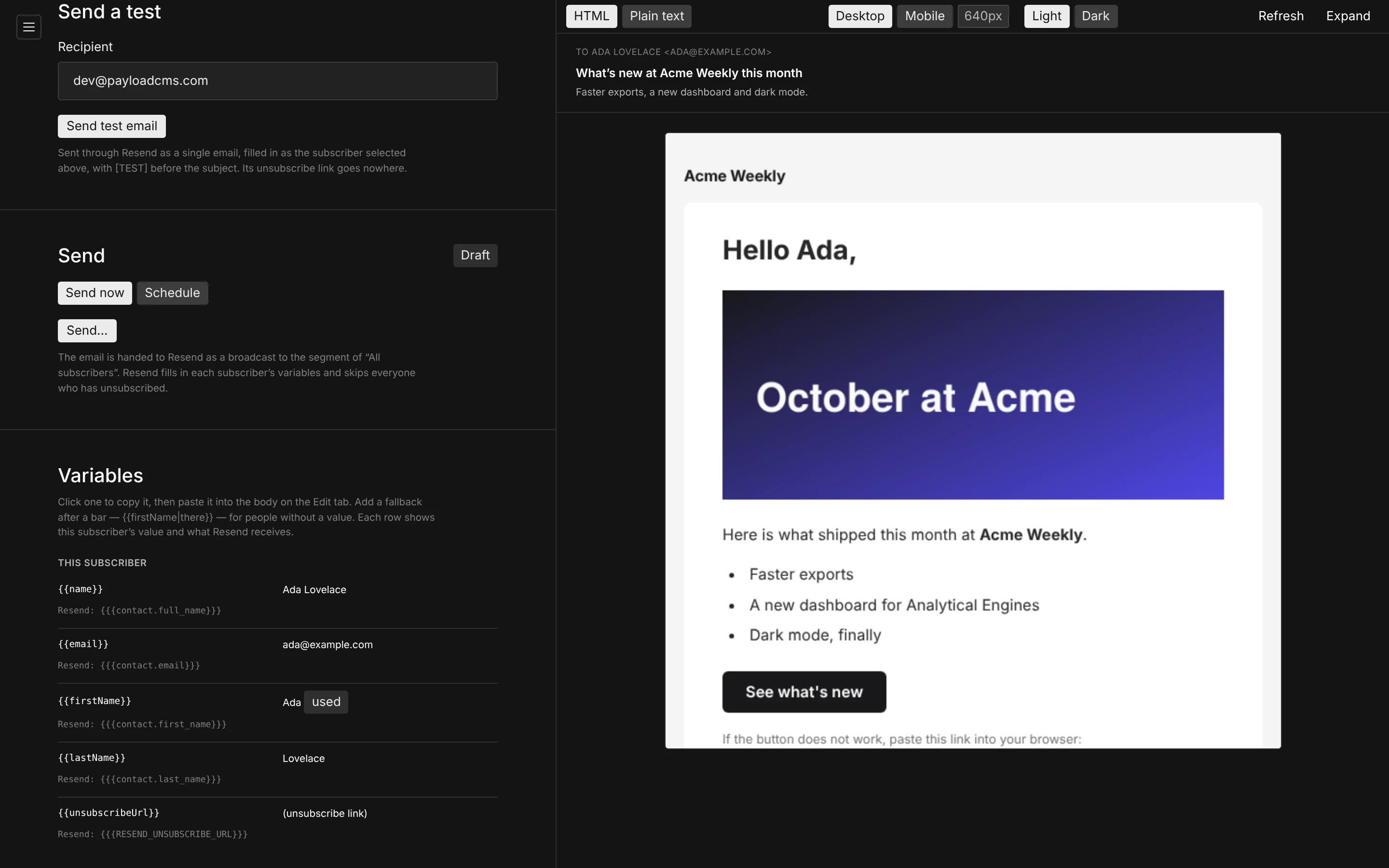 Send a test, Send now or Schedule, and the variables each subscriber gets