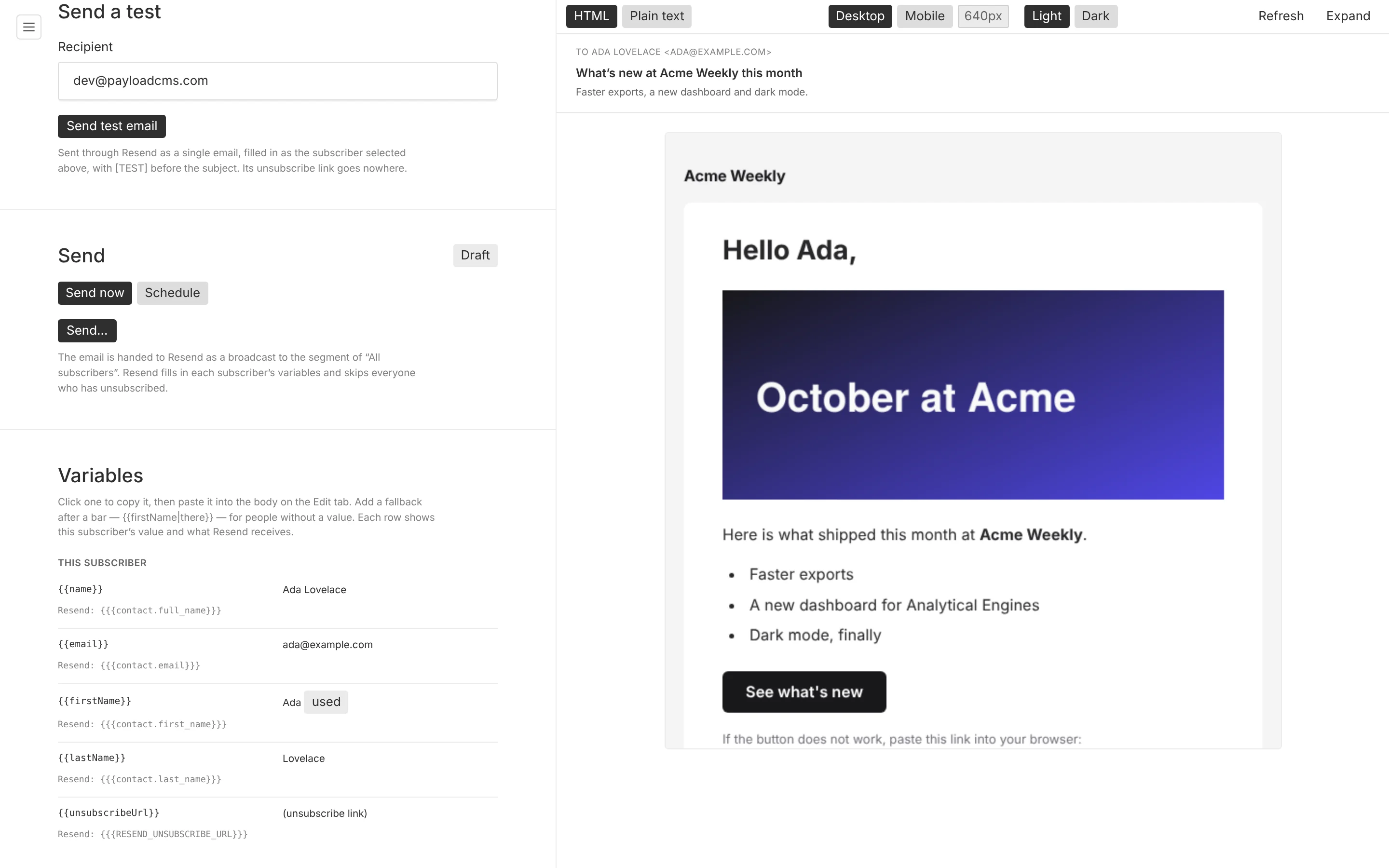 Send a test, Send now or Schedule, and the variables each subscriber gets