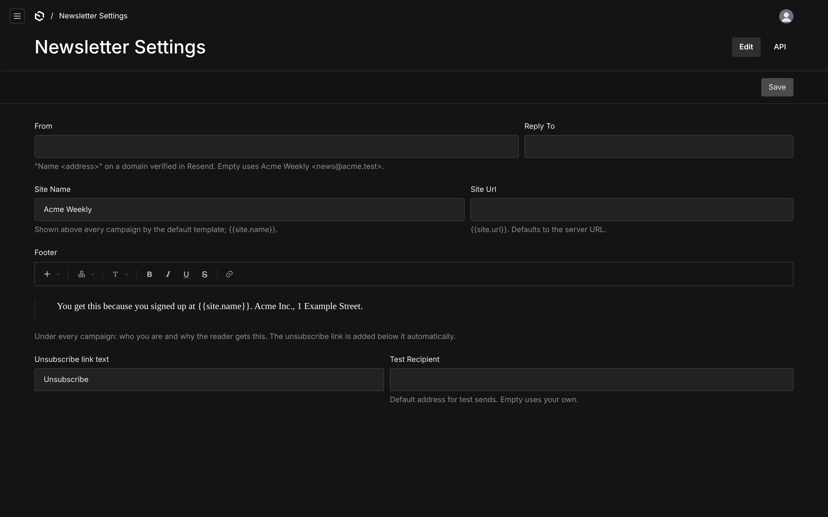 Newsletter Settings: from, reply-to, site name, site URL, footer, unsubscribe link text and test recipient