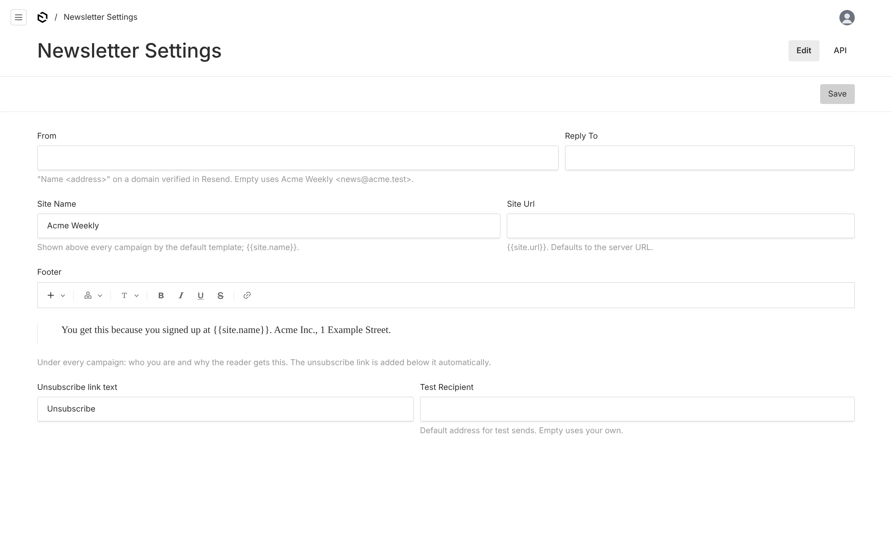 Newsletter Settings: from, reply-to, site name, site URL, footer, unsubscribe link text and test recipient