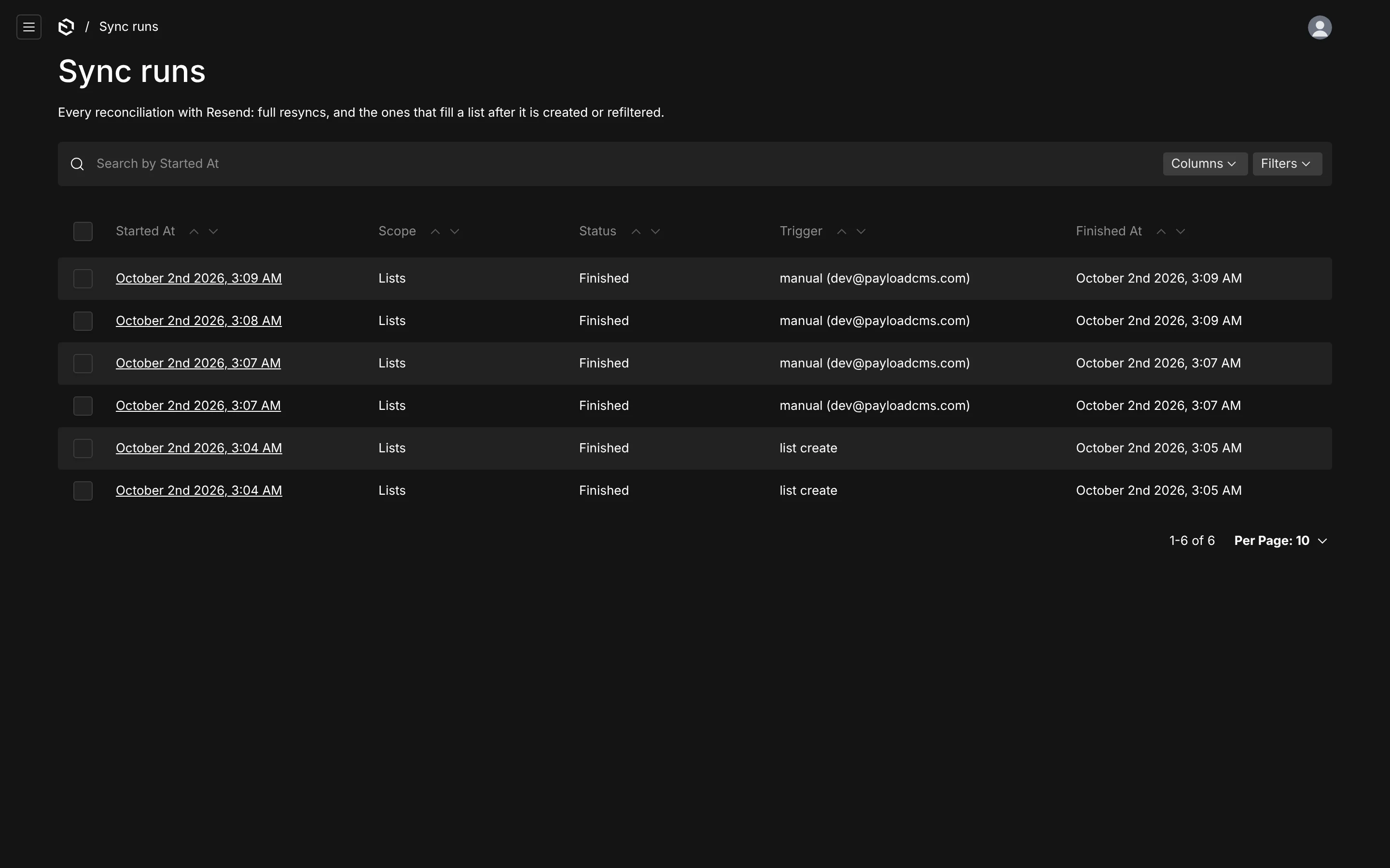 Sync runs: every resync with its scope, status, trigger and time