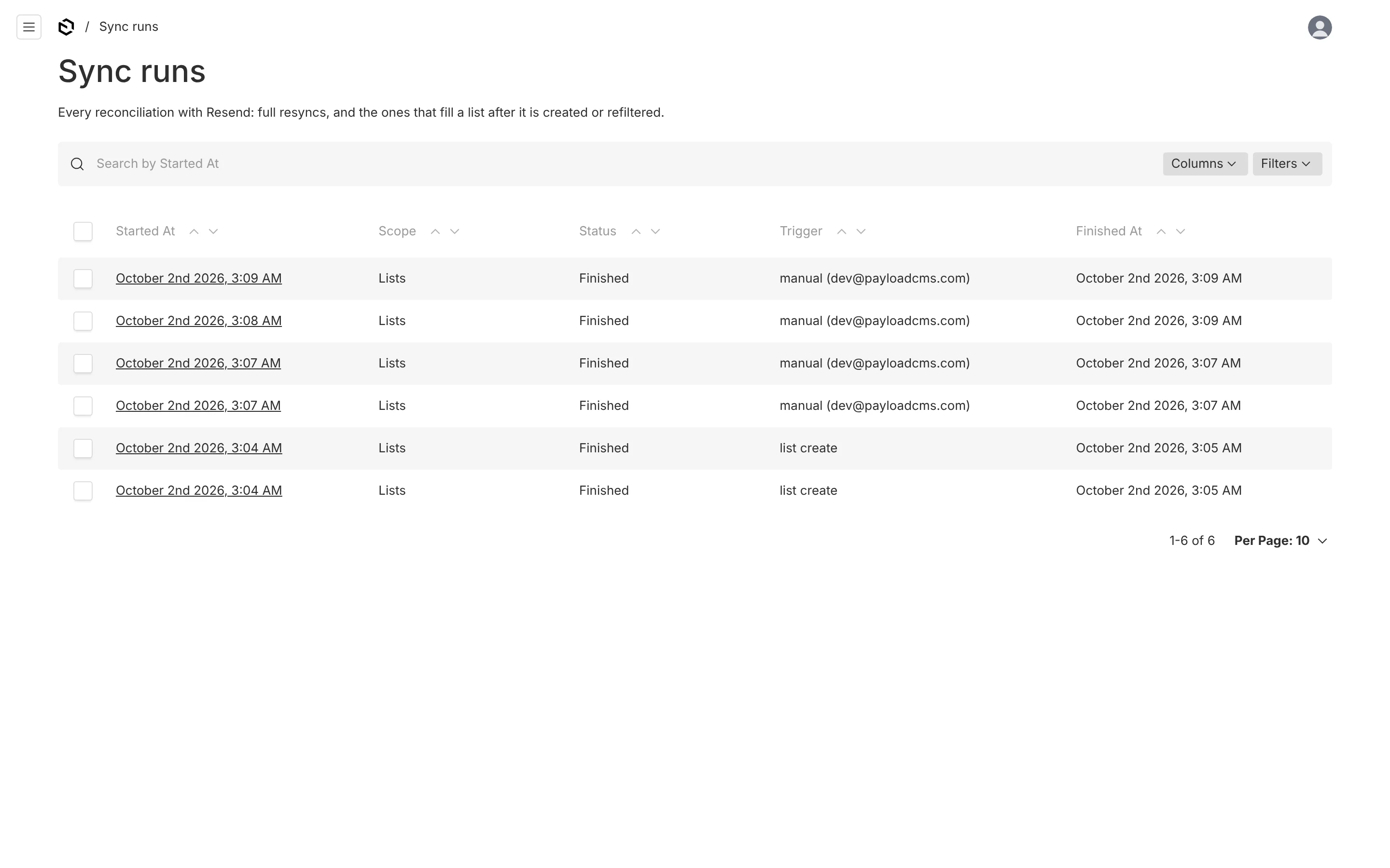 Sync runs: every resync with its scope, status, trigger and time